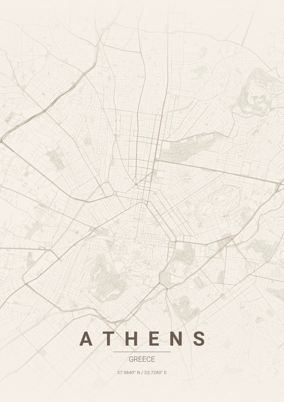 Athens map poster in Warm Beige style
