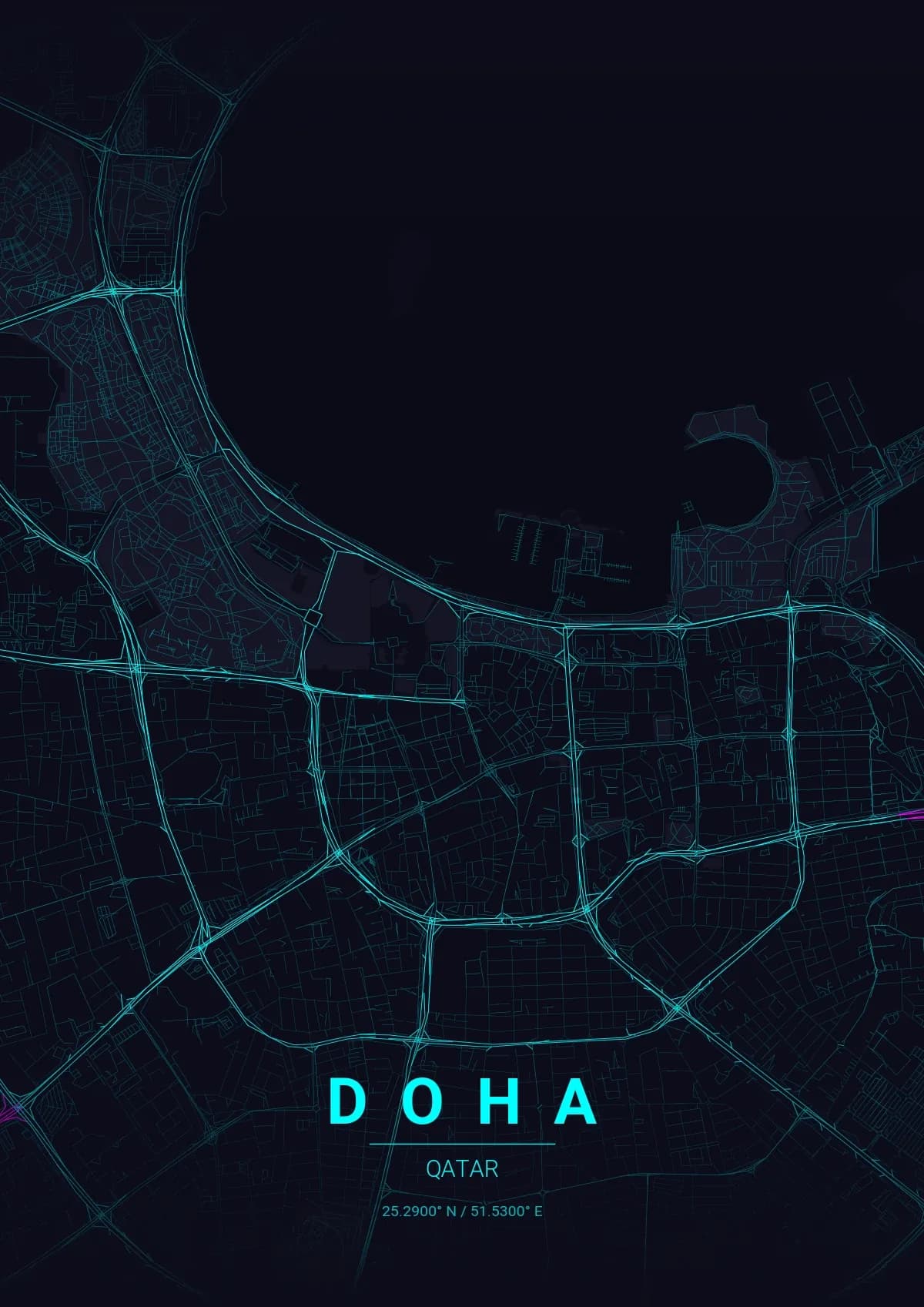 Doha map poster in Neon Cyberpunk style