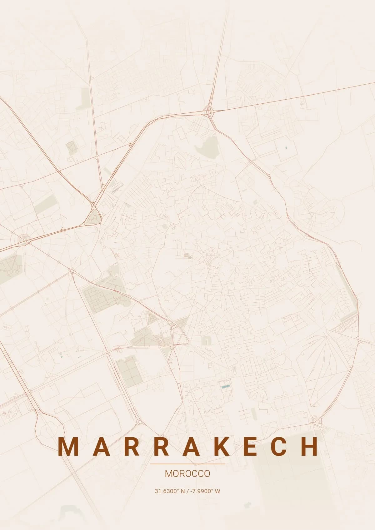 Marrakech map poster in Terracotta style