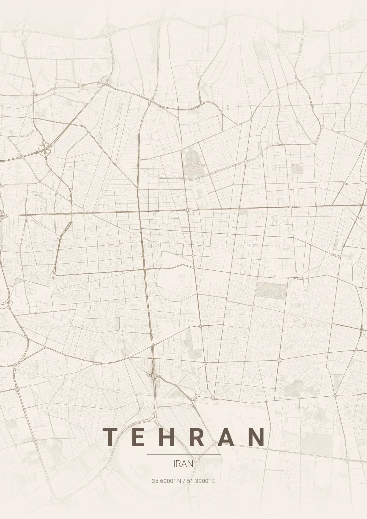 Tehran map poster in Warm Beige style