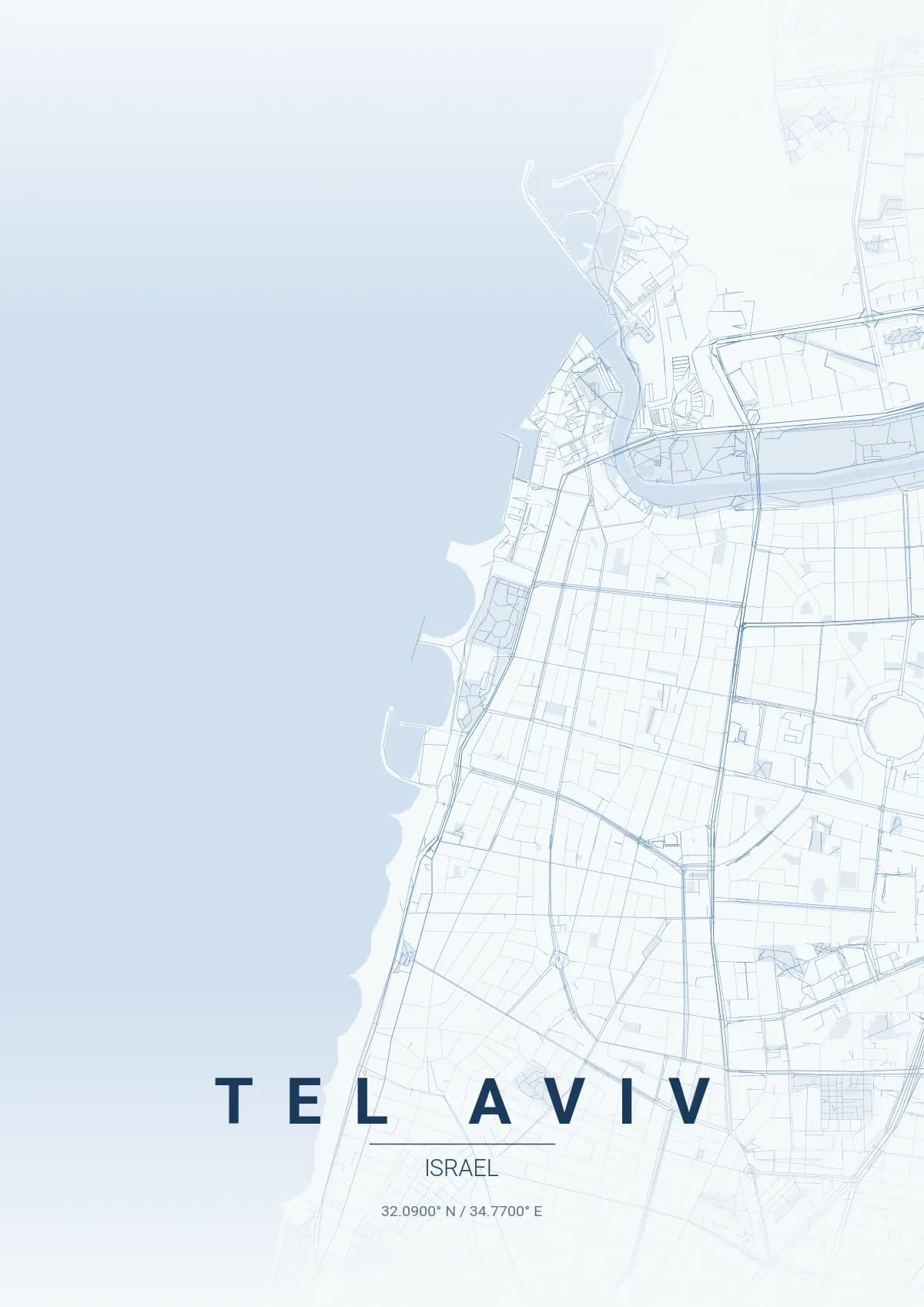Tel Aviv map poster in Monochrome Blue style