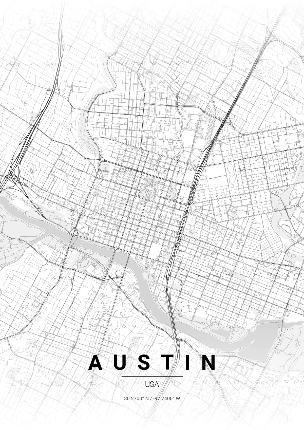 Austin map poster in Gradient Roads style