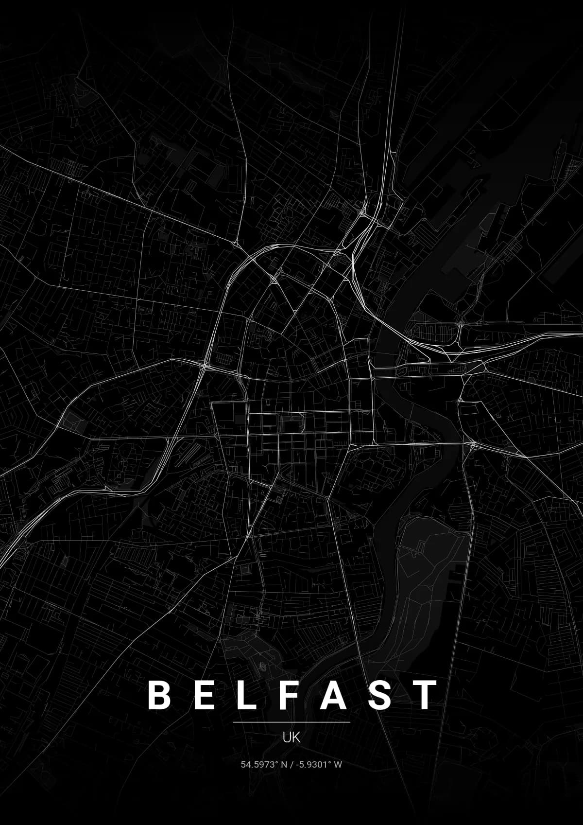 Belfast map poster in Noir style