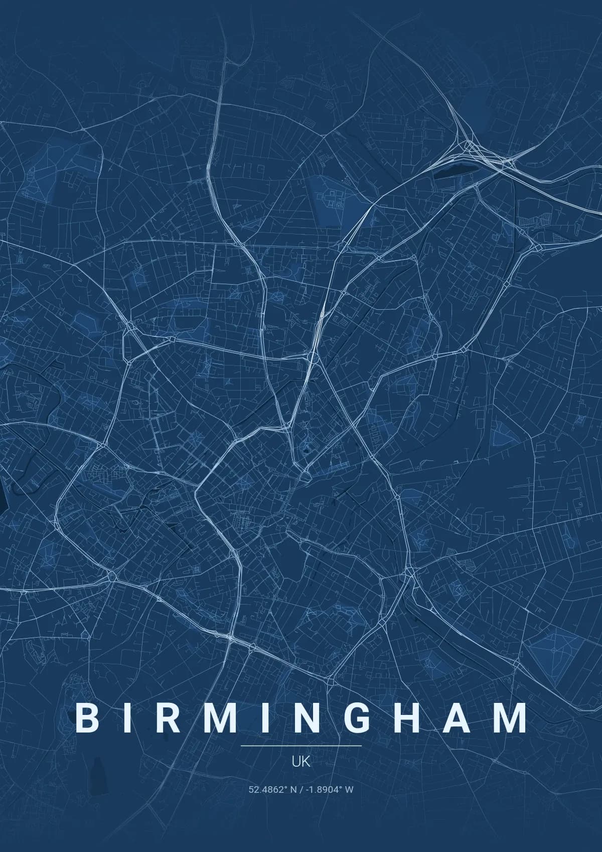 Birmingham map poster in Blueprint style