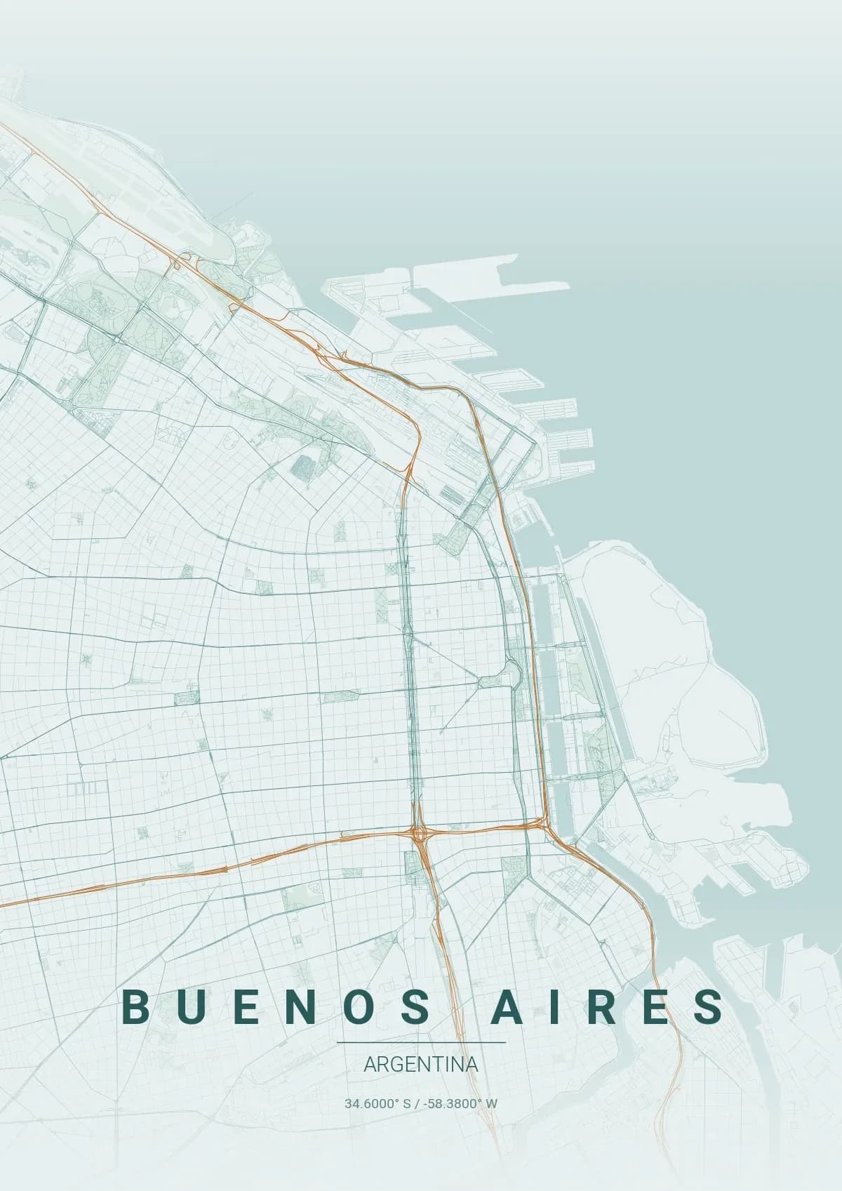 Buenos Aires map poster in Copper Patina style