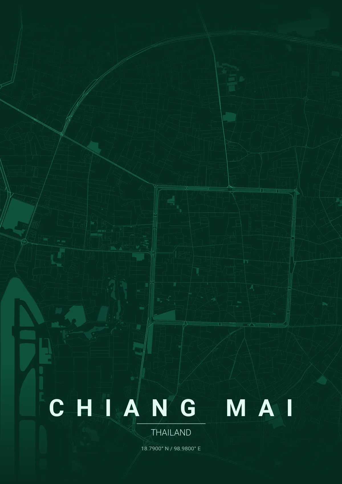 Chiang Mai map poster in Emerald City style
