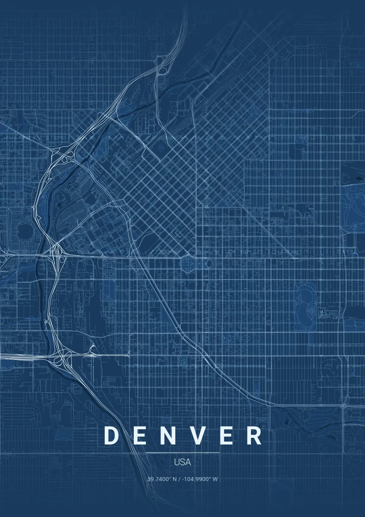 Denver map poster in Blueprint style
