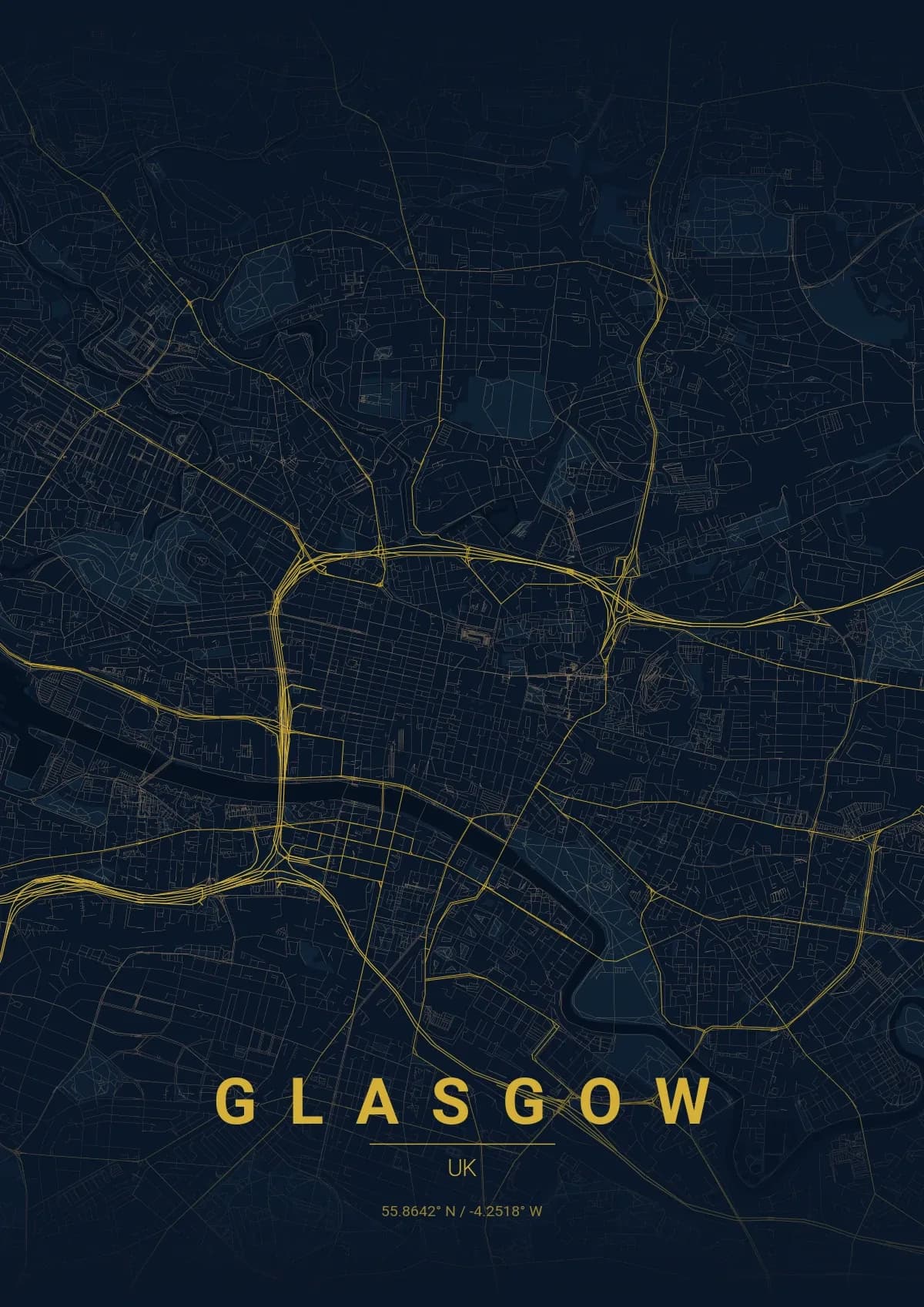 Glasgow map poster in Midnight Blue style