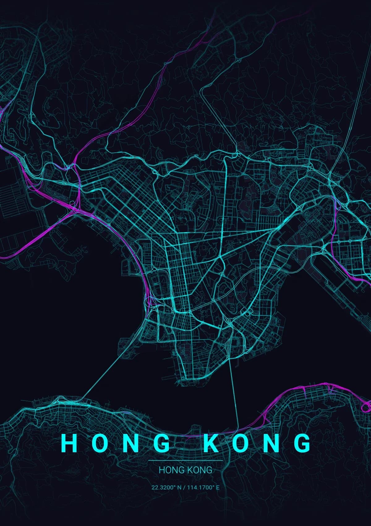 Hong Kong map poster in Neon Cyberpunk style