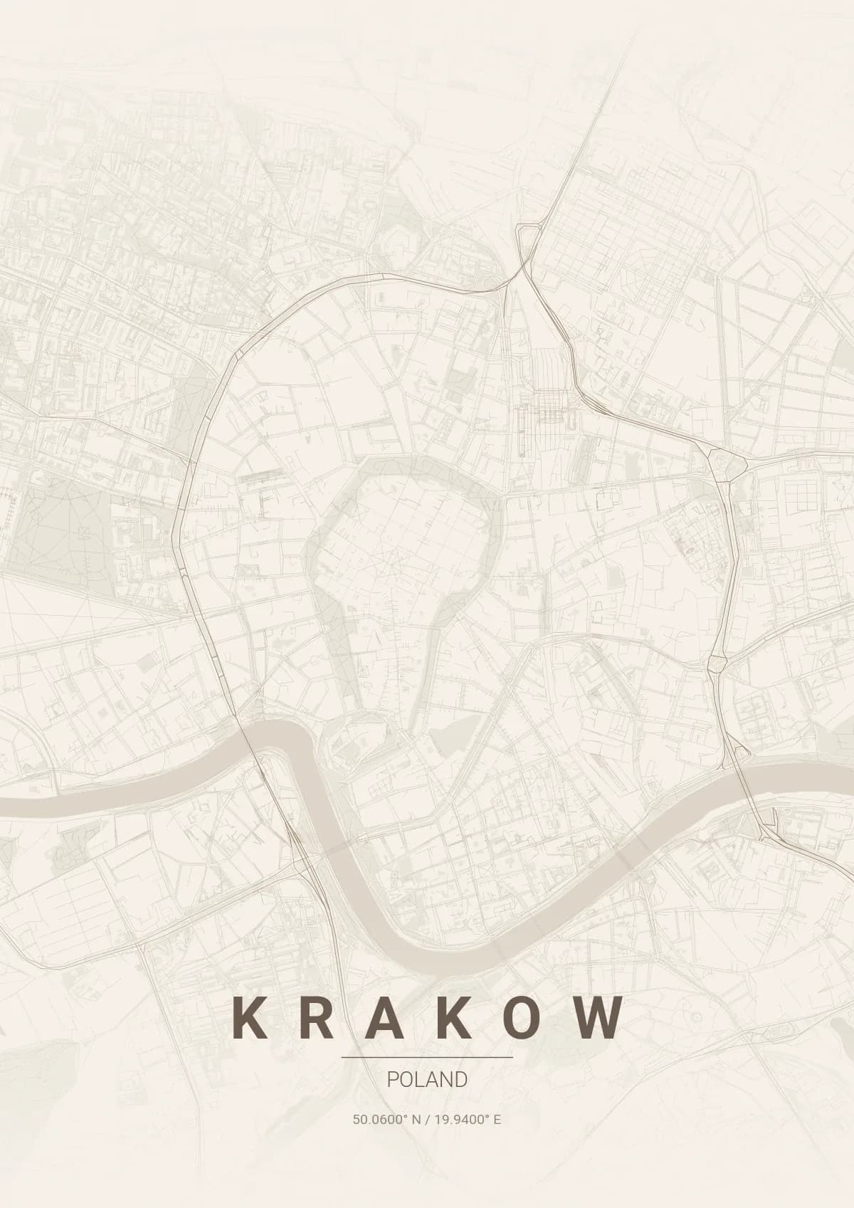 Krakow map poster in Warm Beige style