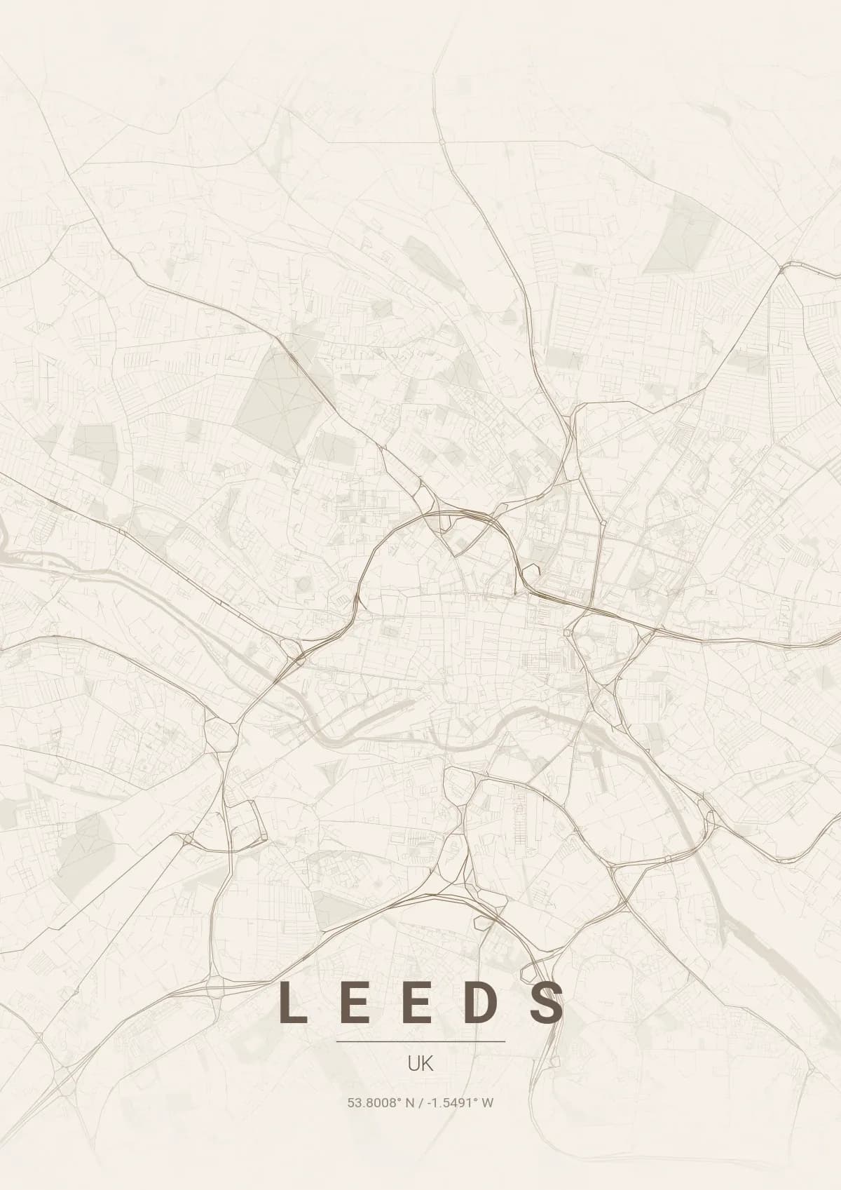 Leeds map poster in Warm Beige style