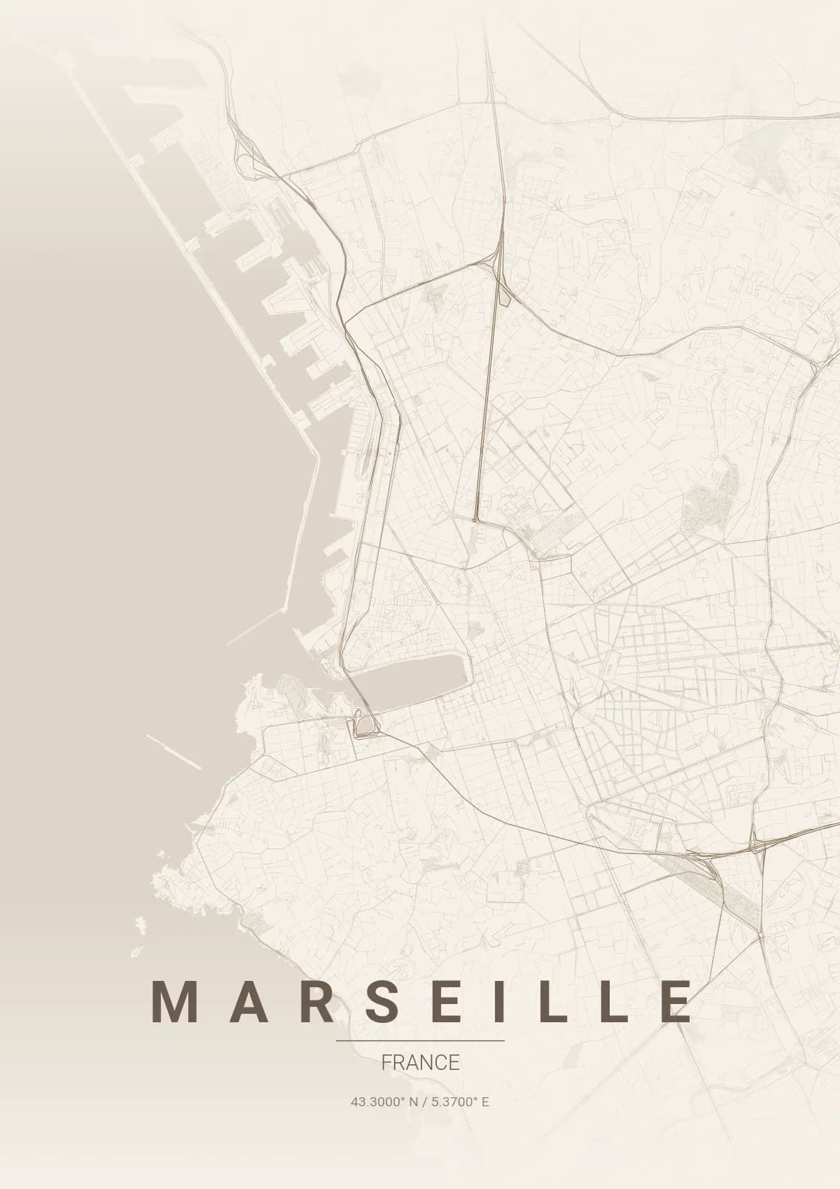 Marseille map poster in Warm Beige style