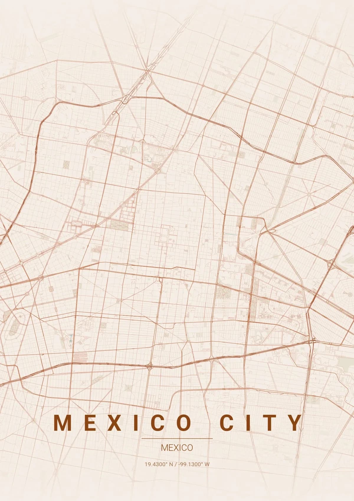 Mexico City map poster in Terracotta style