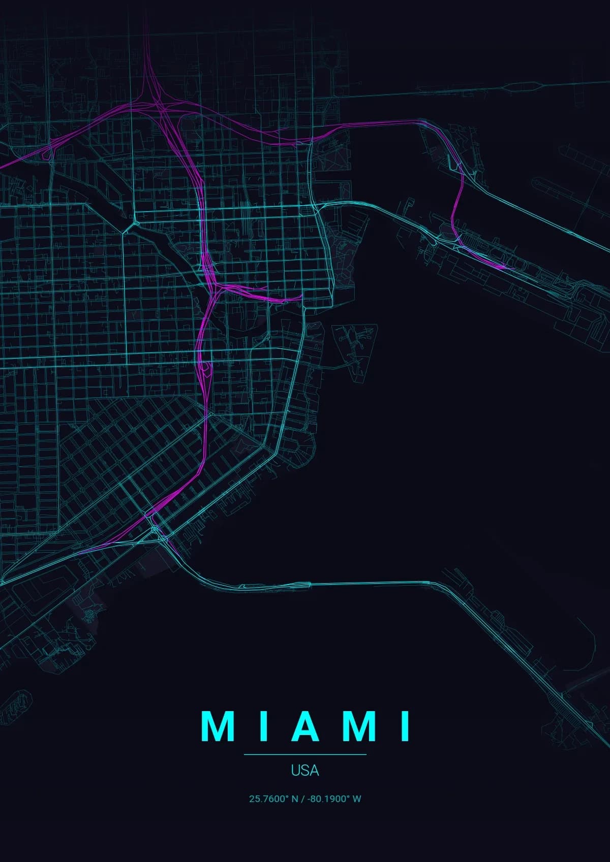 Miami map poster in Neon Cyberpunk style