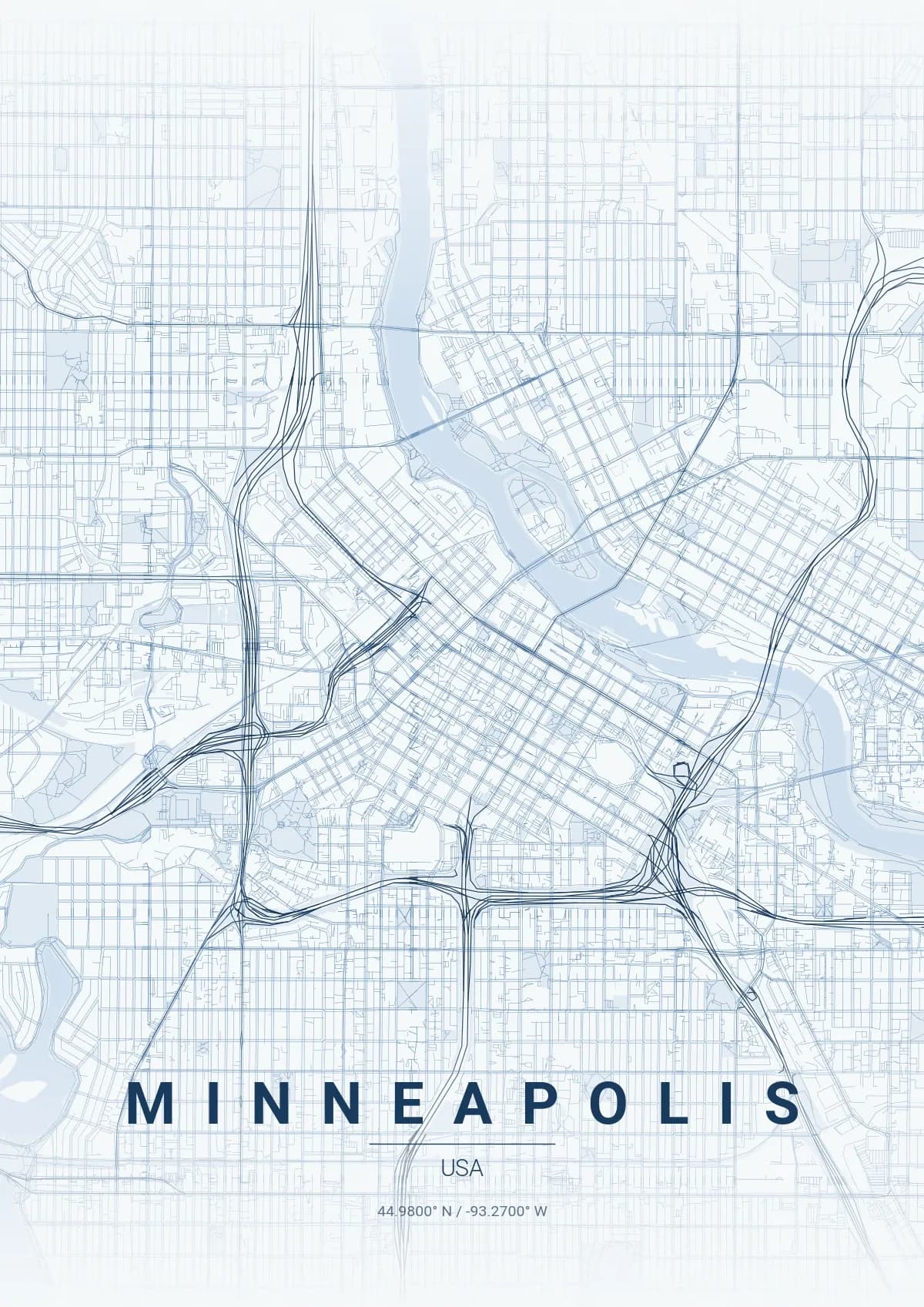 Minneapolis map poster in Monochrome Blue style