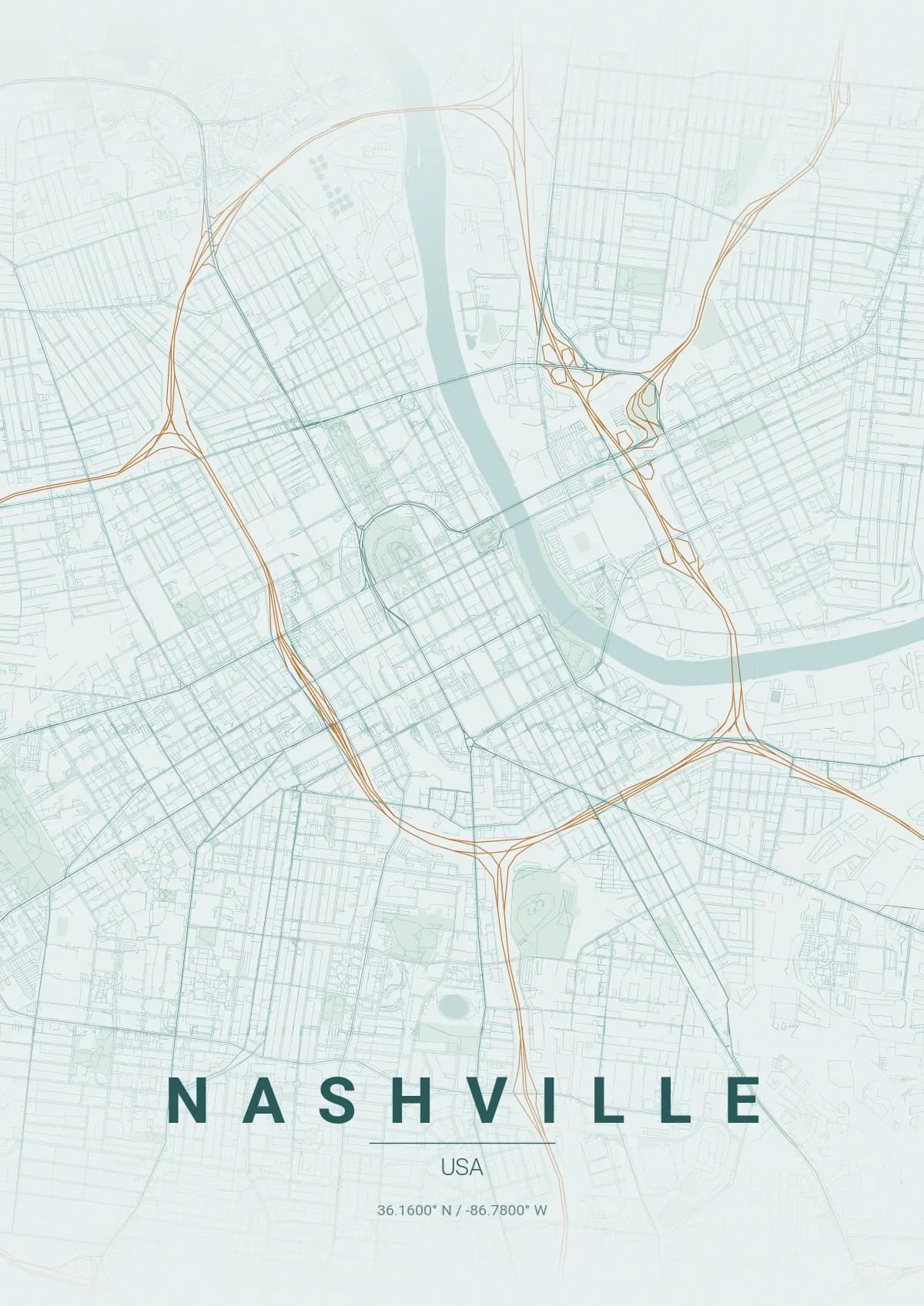 Nashville map poster in Copper Patina style