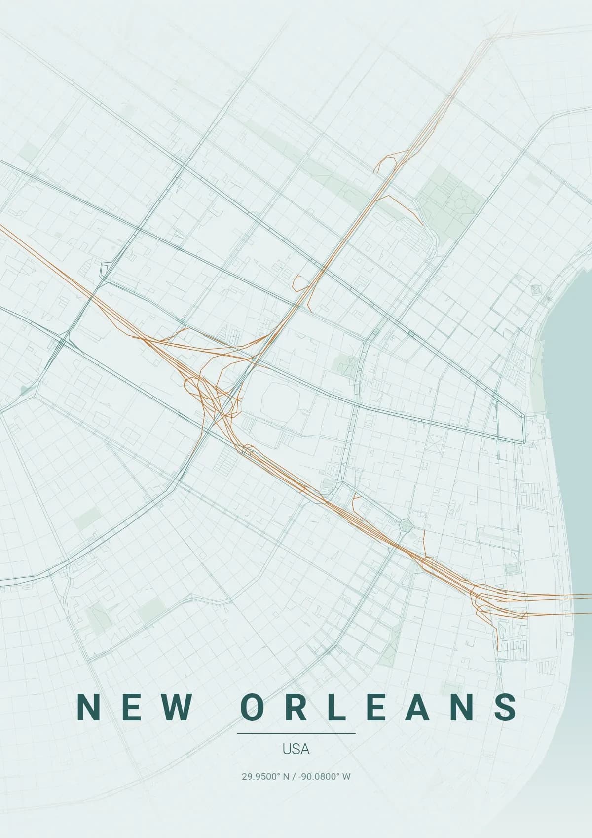New Orleans map poster in Copper Patina style