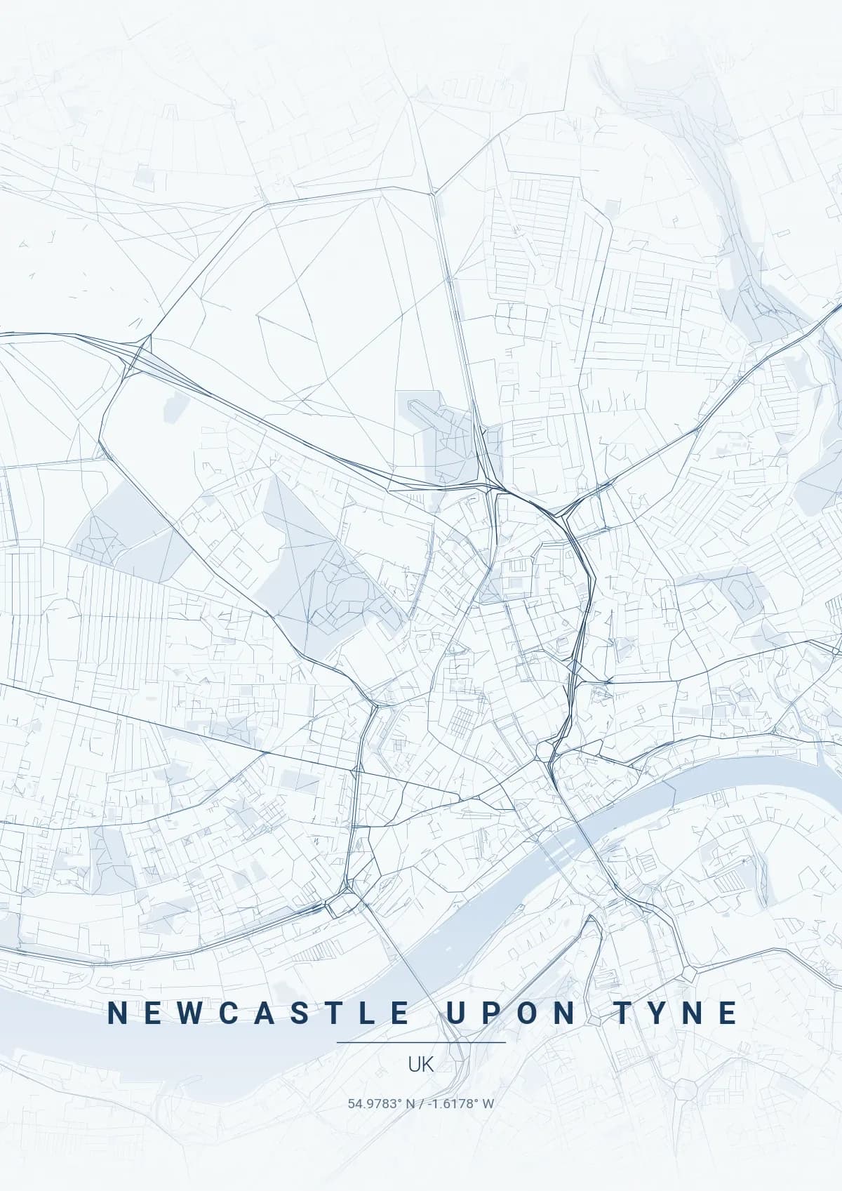 Newcastle upon Tyne map poster in Monochrome Blue style
