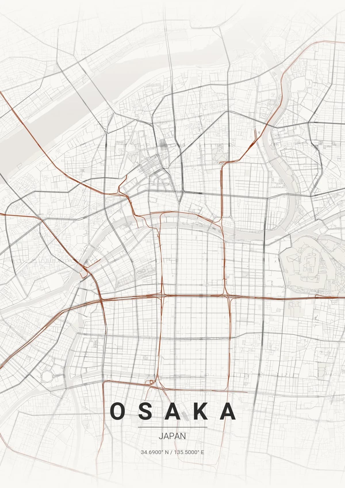 Osaka map poster in Japanese Ink style