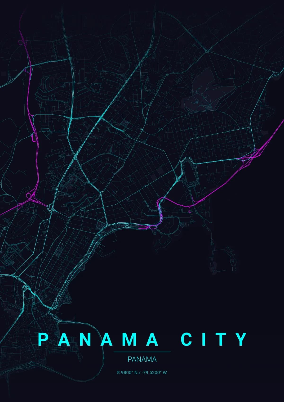 Panama City map poster in Neon Cyberpunk style