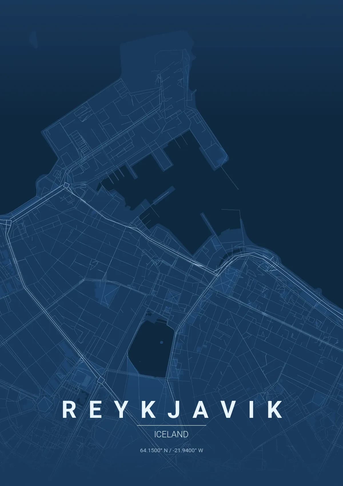 Reykjavik map poster in Blueprint style