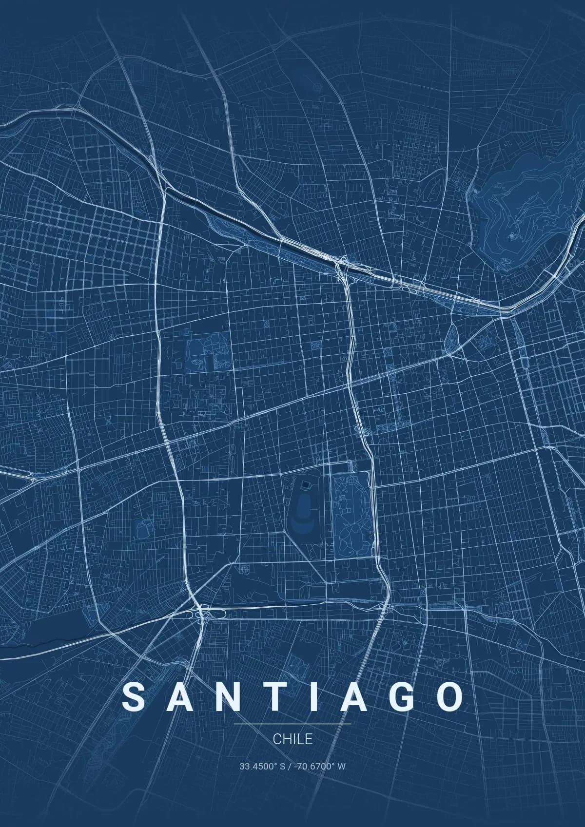 Santiago map poster in Blueprint style
