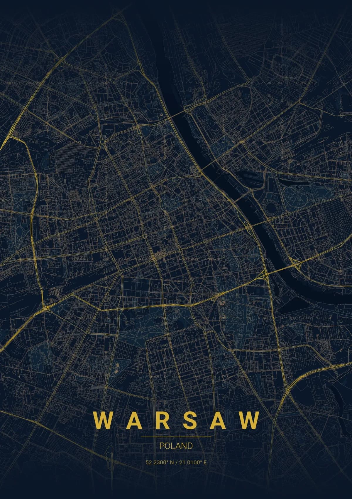 Warsaw map poster in Midnight Blue style