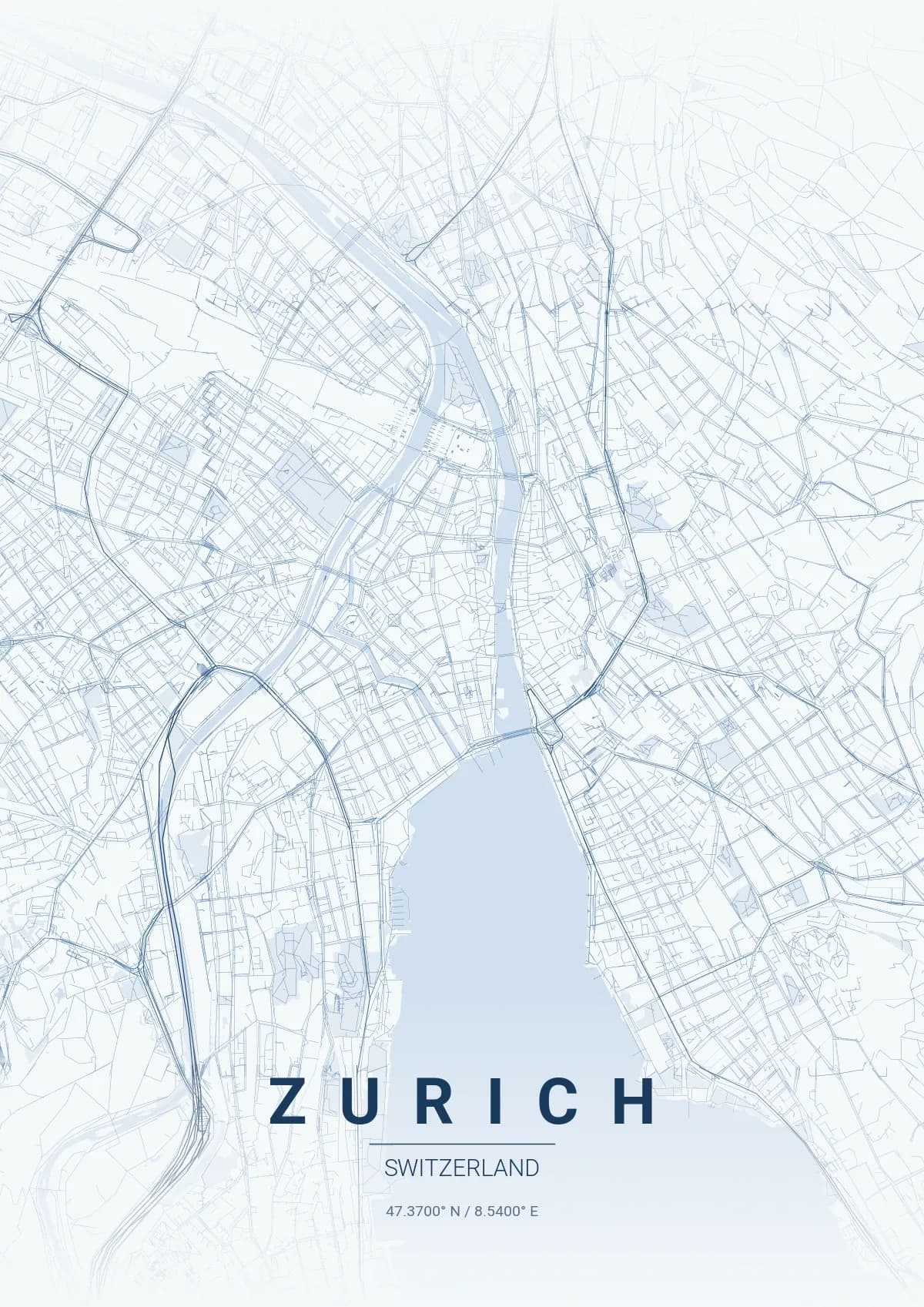 Zurich map poster in Monochrome Blue style