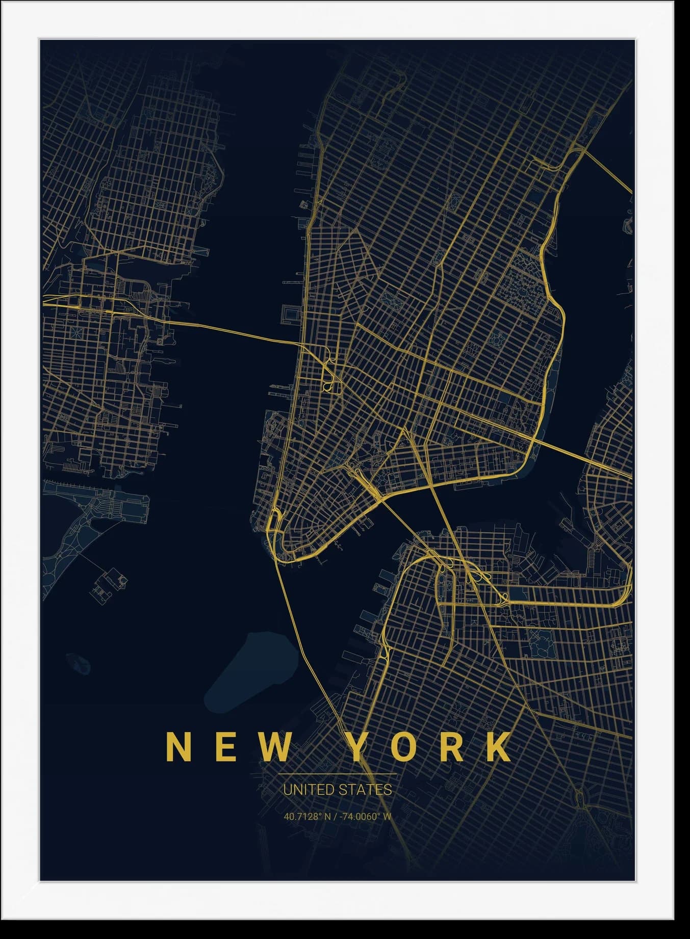 New York map poster in Midnight Blue style with white frame
