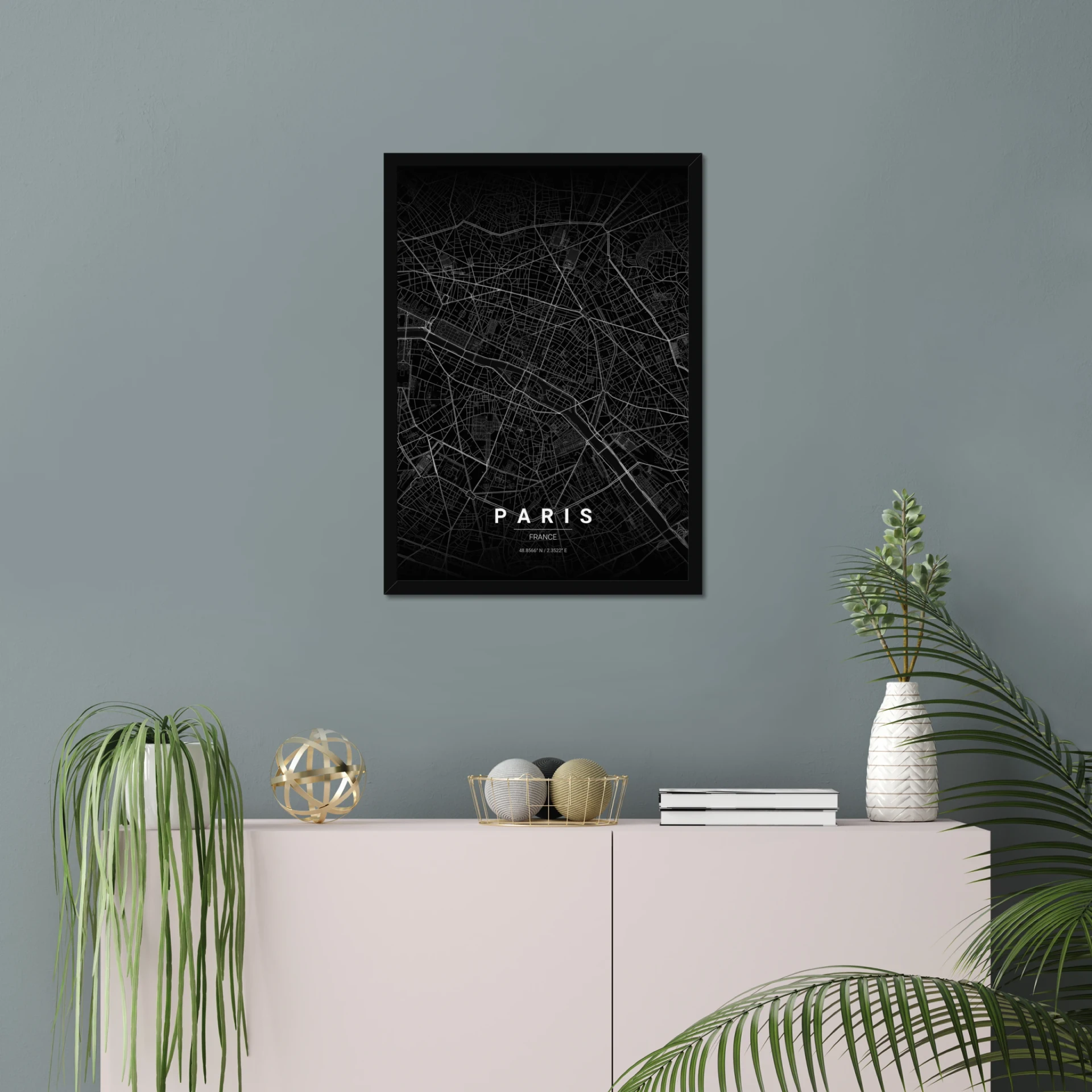 Paris map poster in a black A2 frame, hung in a living room