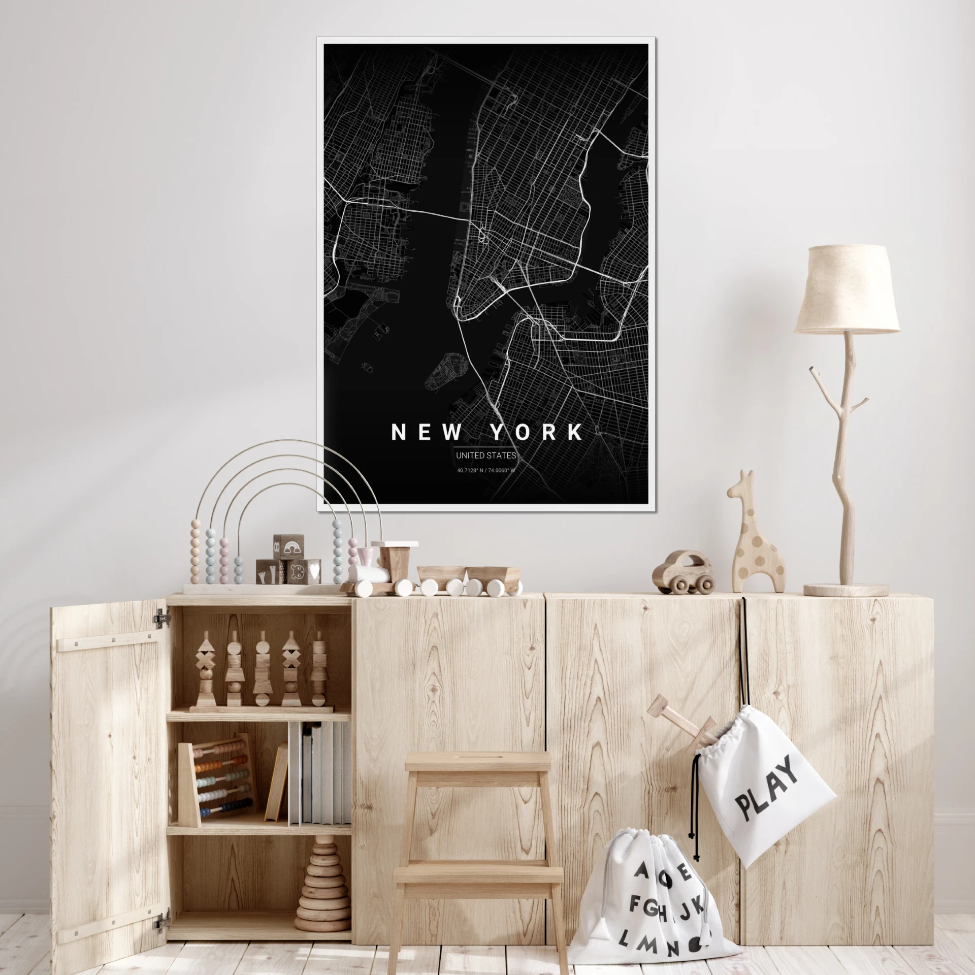 New York map poster in a white A0 frame, hung in a playroom