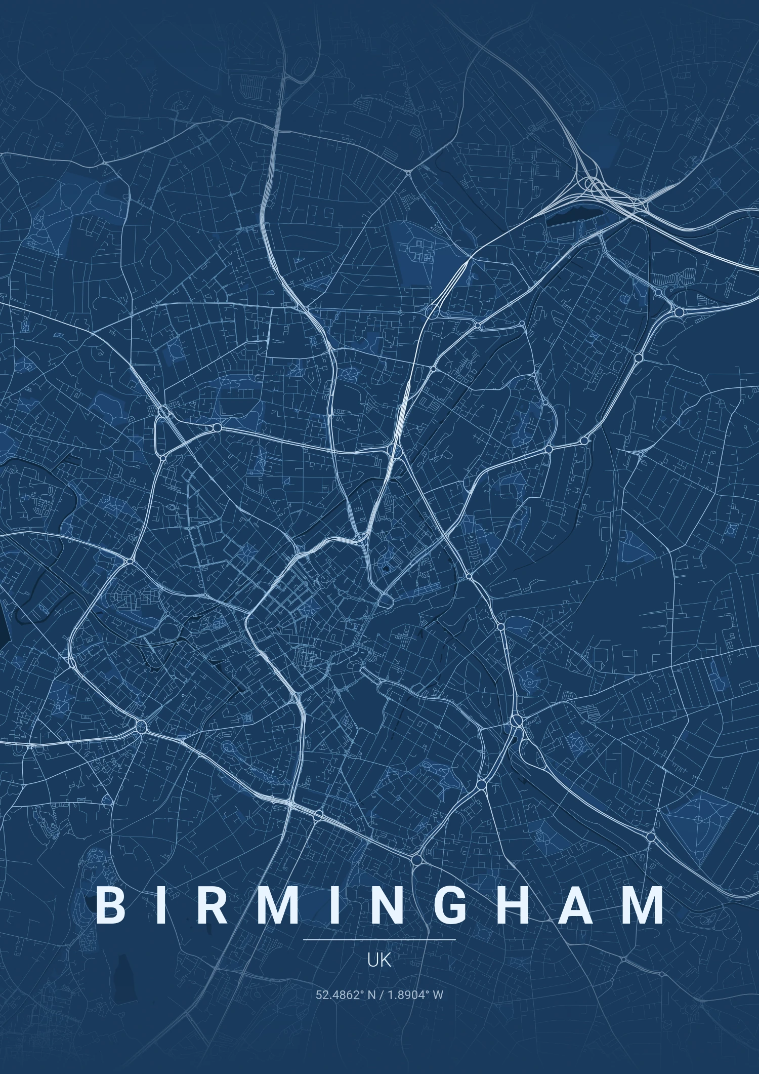 Birmingham map poster in Blueprint style