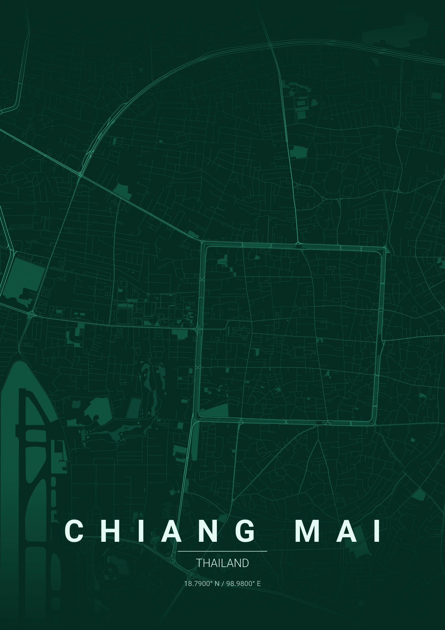 Chiang Mai map poster in Emerald City style