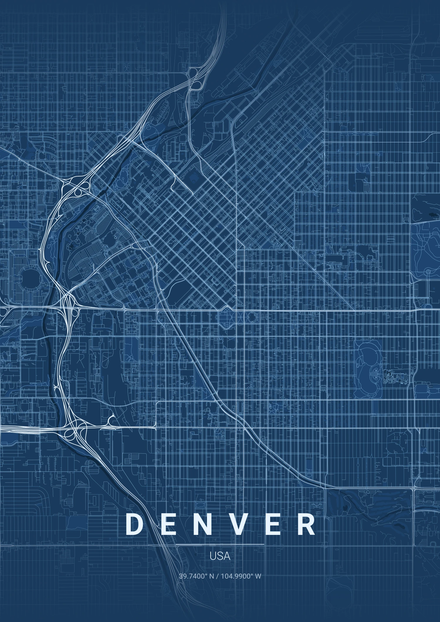 Denver map poster in Blueprint style