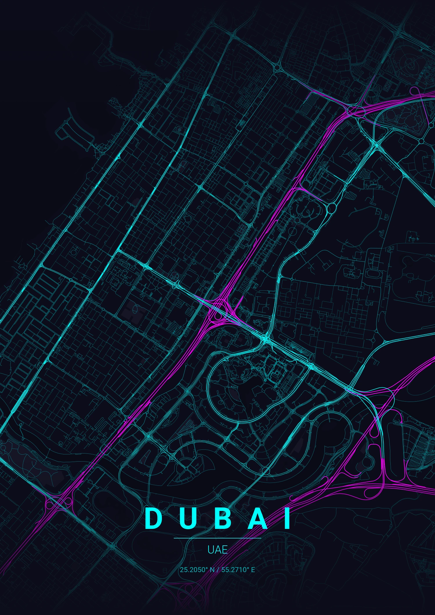 Dubai map poster in Neon Cyberpunk style