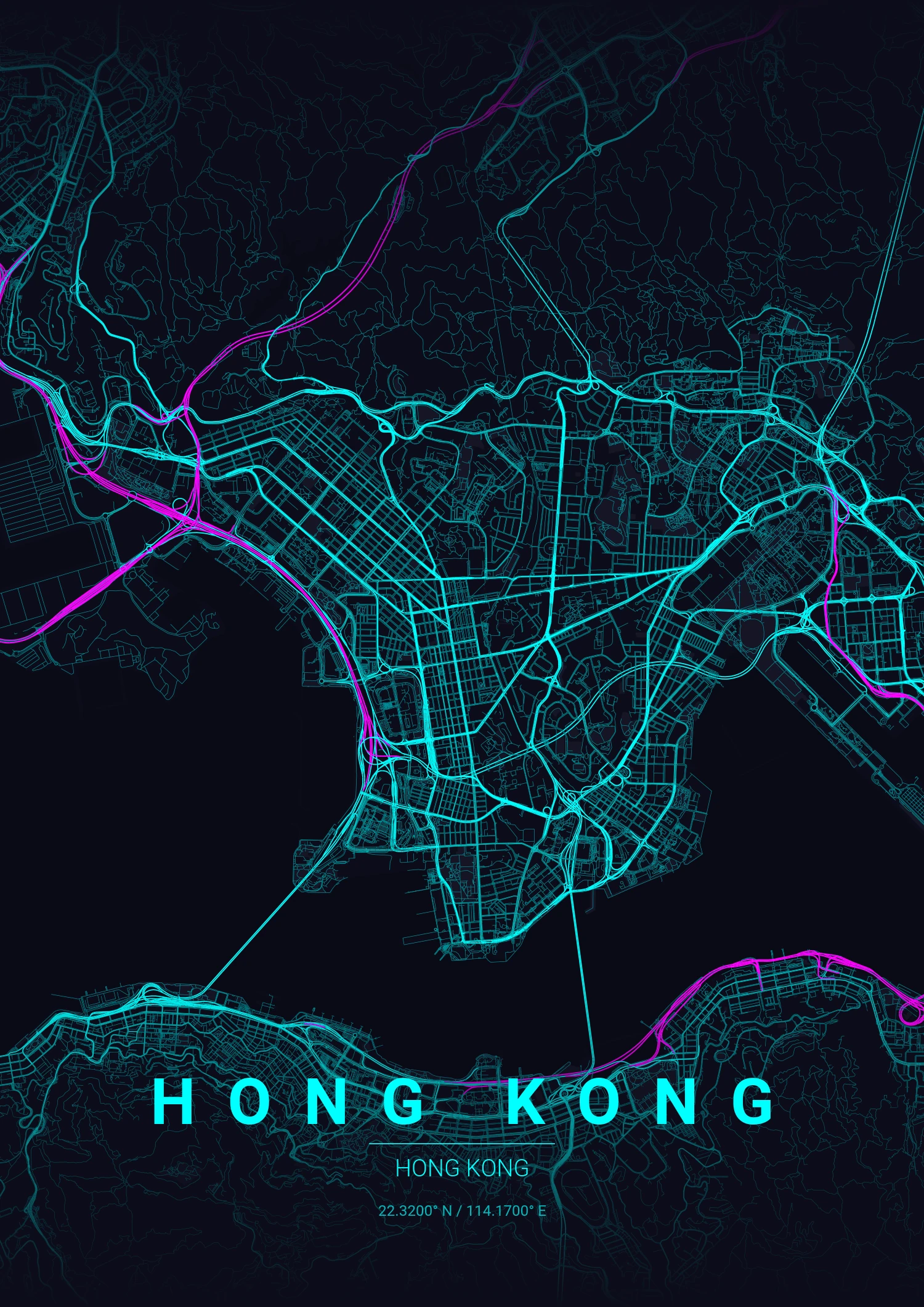 Hong Kong map poster in Neon Cyberpunk style