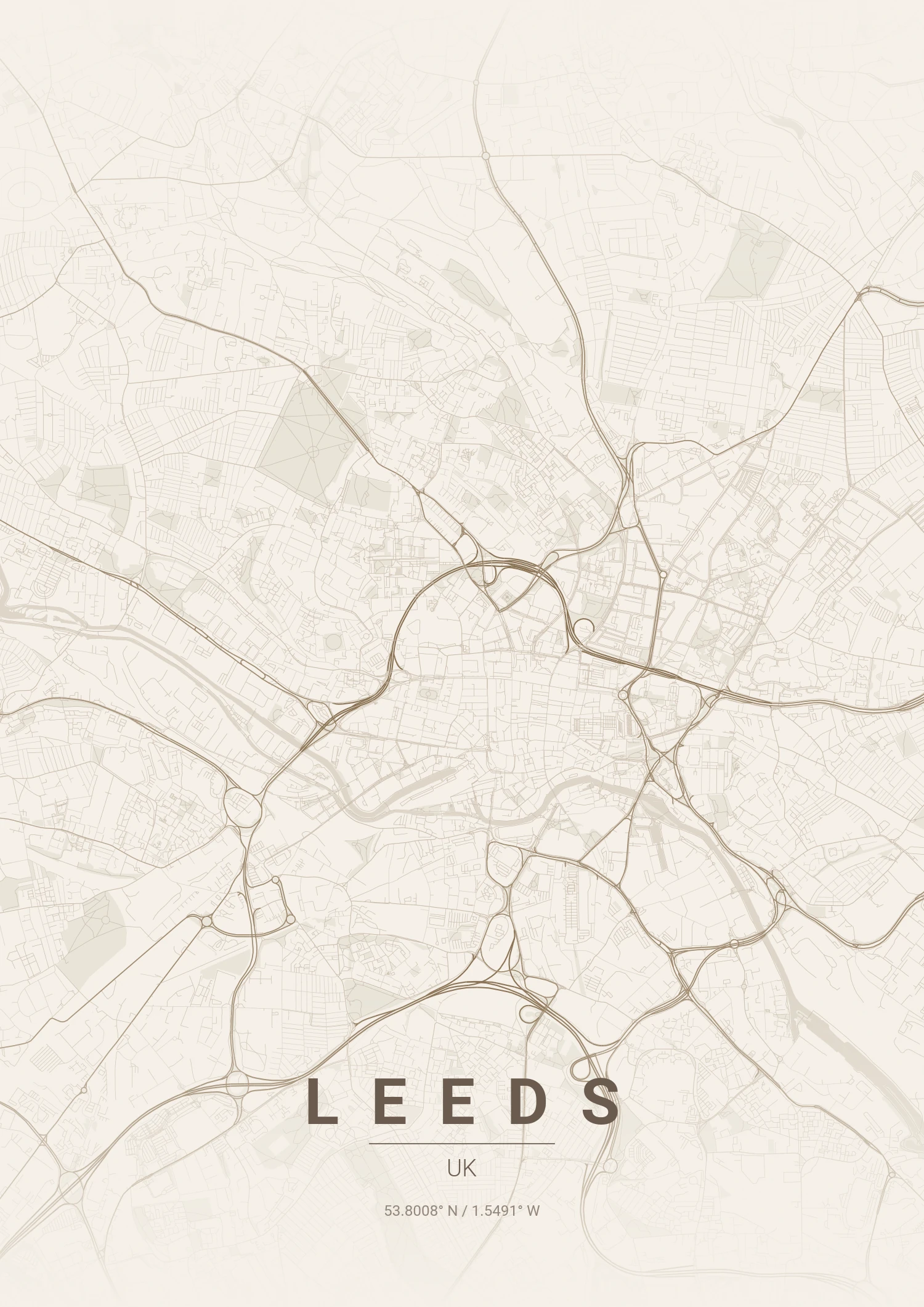 Leeds map poster in Warm Beige style
