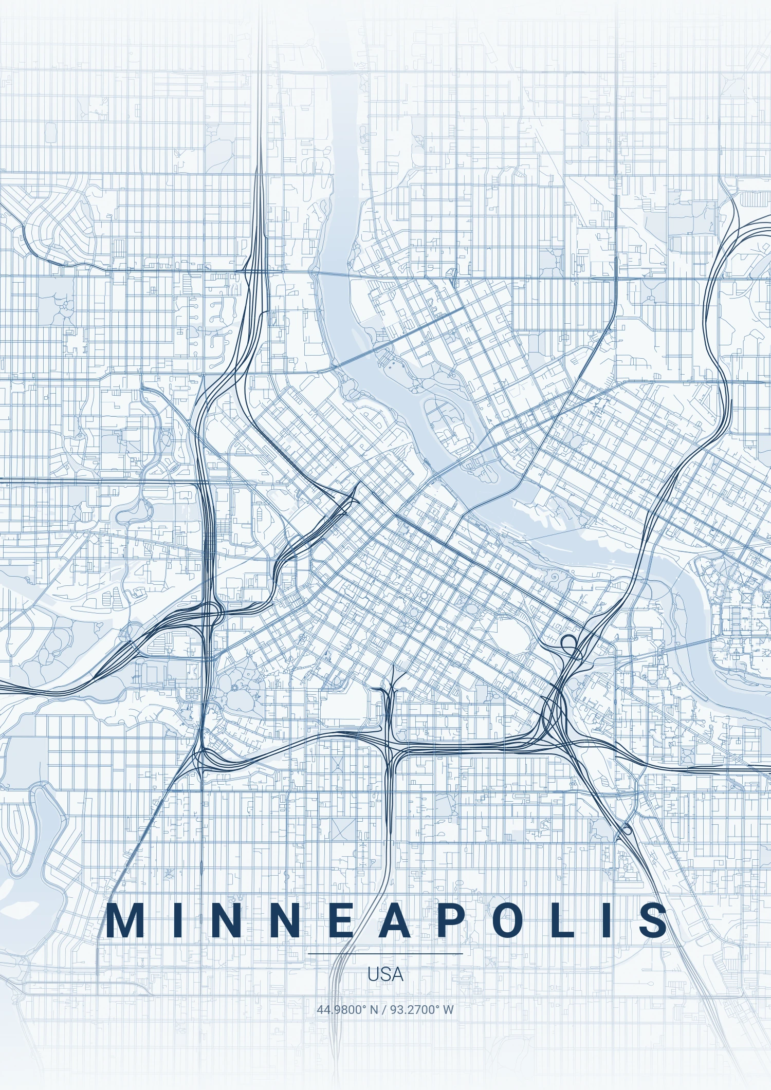 Minneapolis map poster in Monochrome Blue style