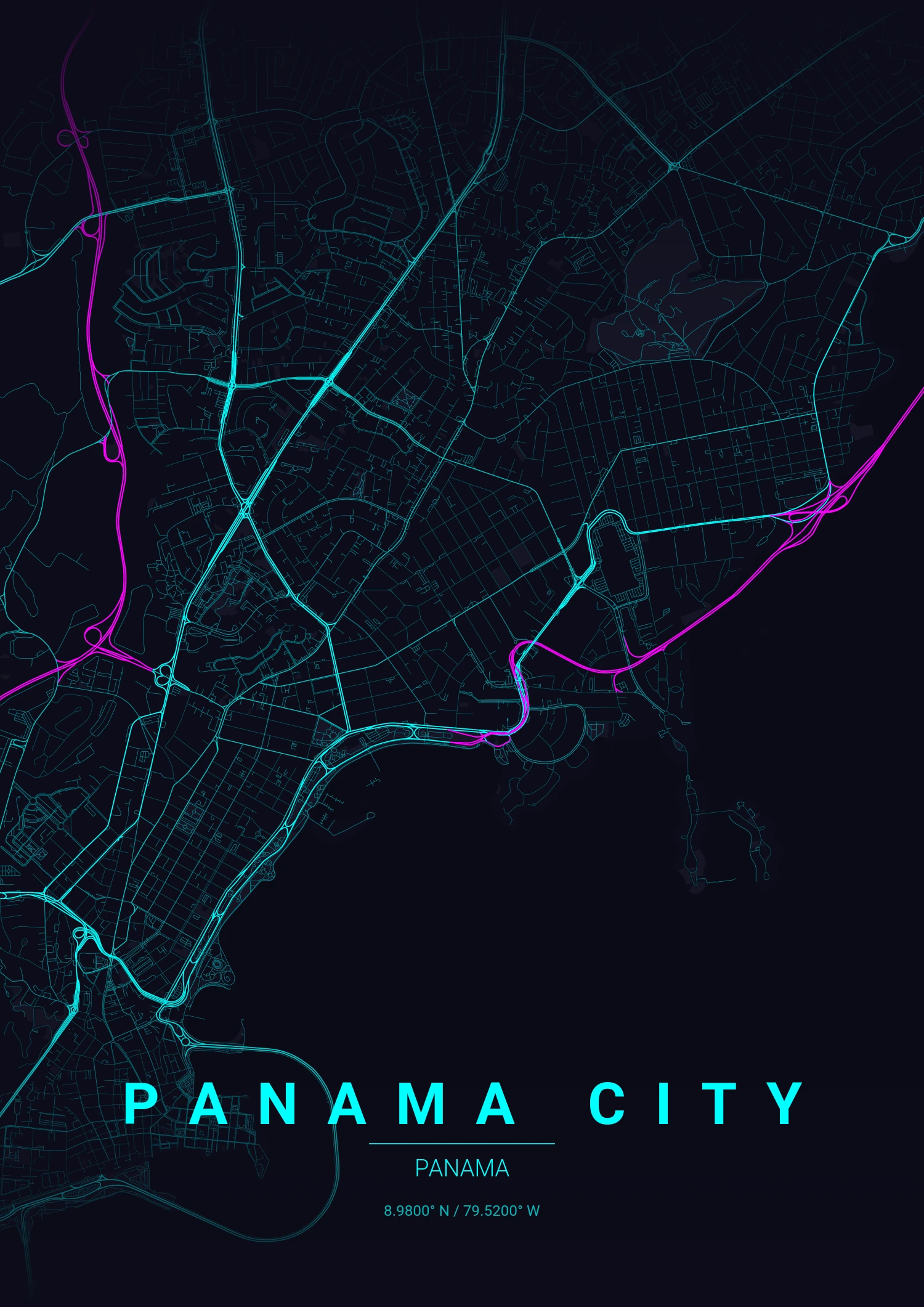Panama City map poster in Neon Cyberpunk style