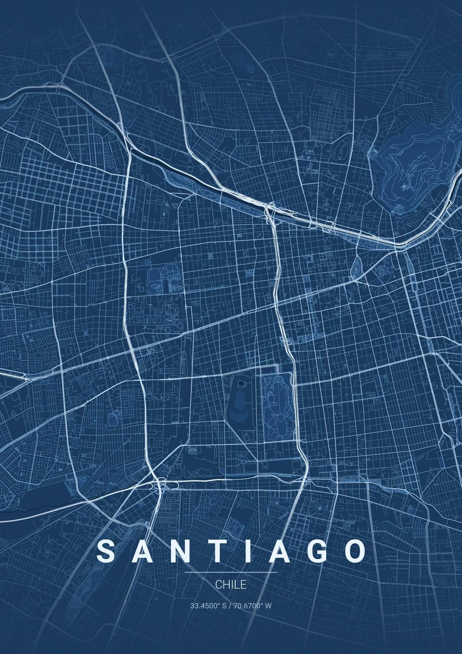 Santiago map poster in Blueprint style