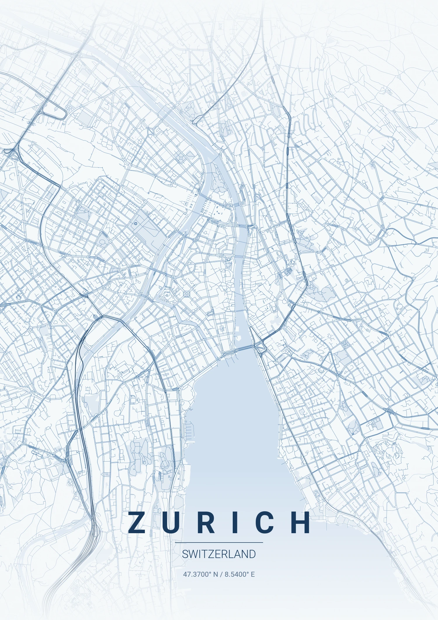 Zurich map poster in Monochrome Blue style