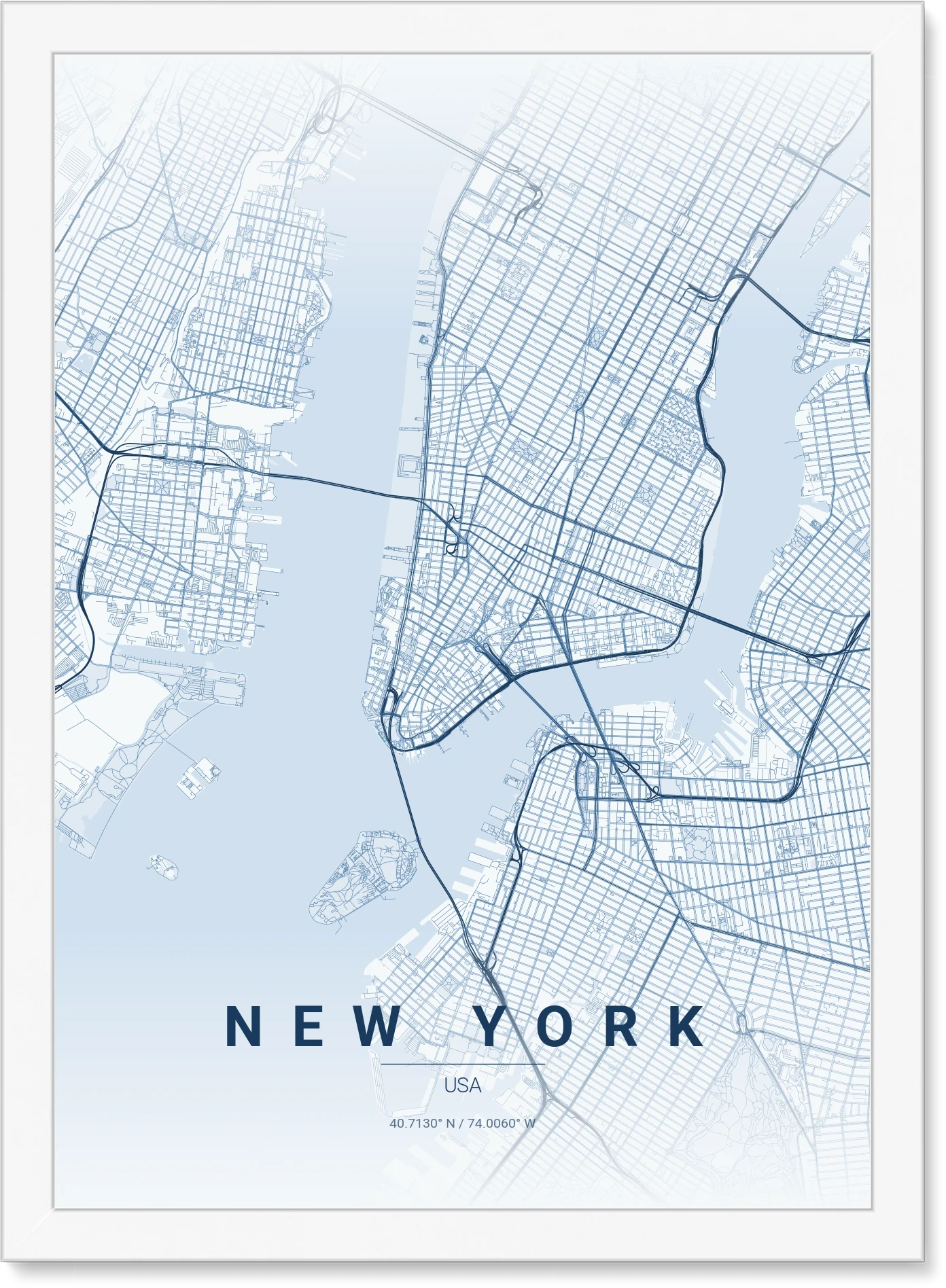 New York map poster in Monochrome Blue style with white frame